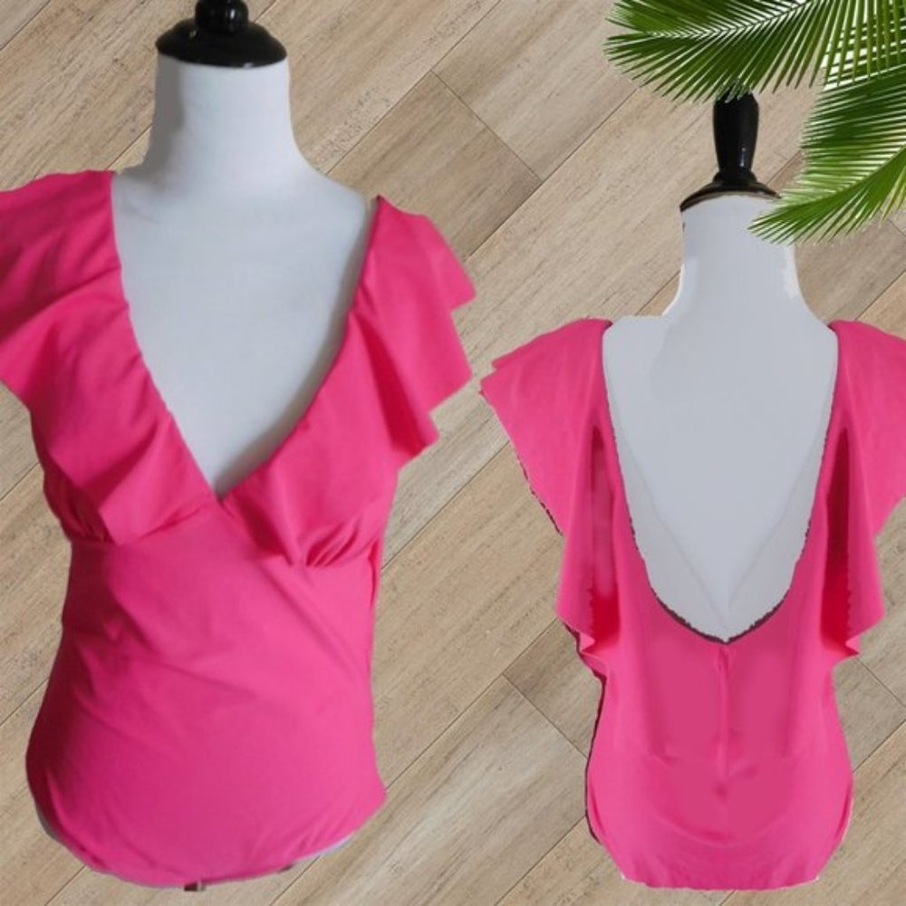 PINK RUFFLE LOW BACK ONE PIECE SWIMSUIT